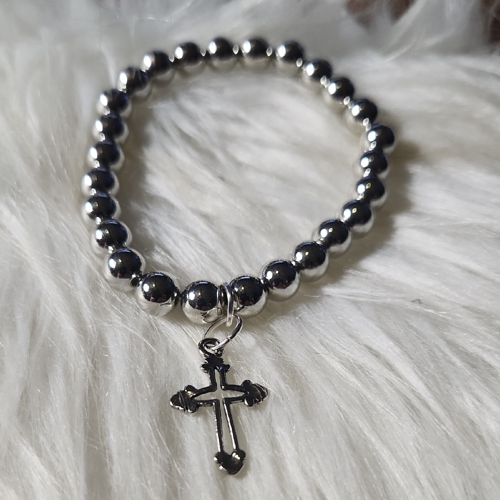Just in Silver Beaded Bracelet with Cross Charm